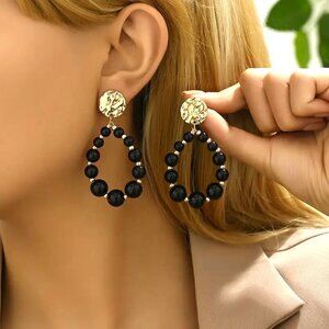 Earrings Drop Hoop Black Bead Dangle Teardrop Stylish Glam Hammered Gold Trendy